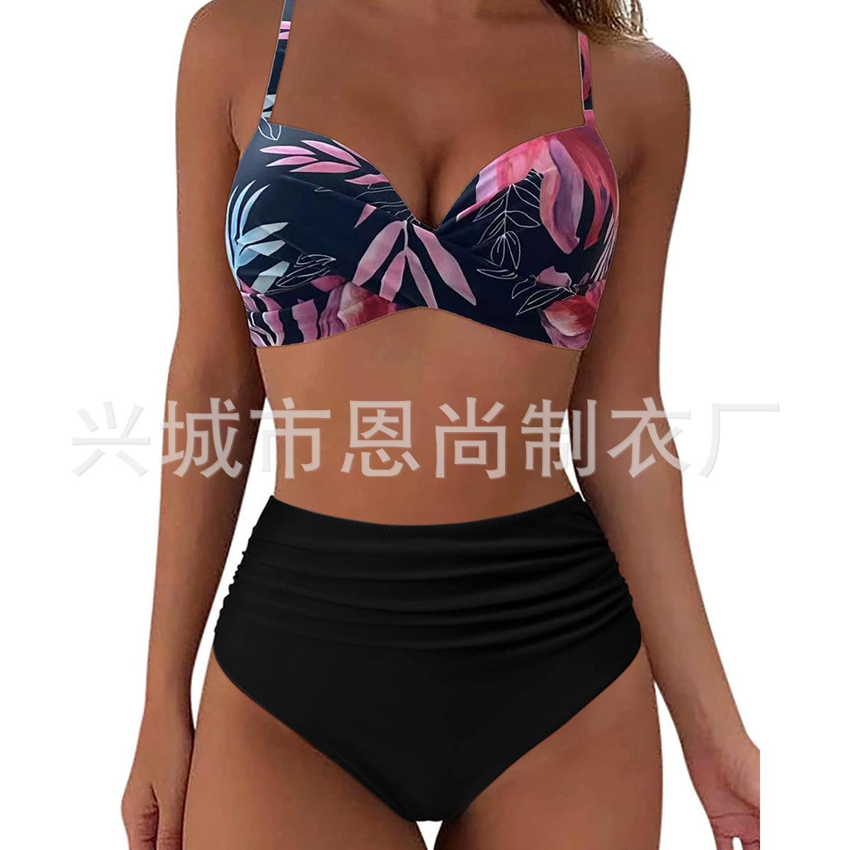 

New multi-color printed split solid color gathering bikini high-waisted swimsuit XXL