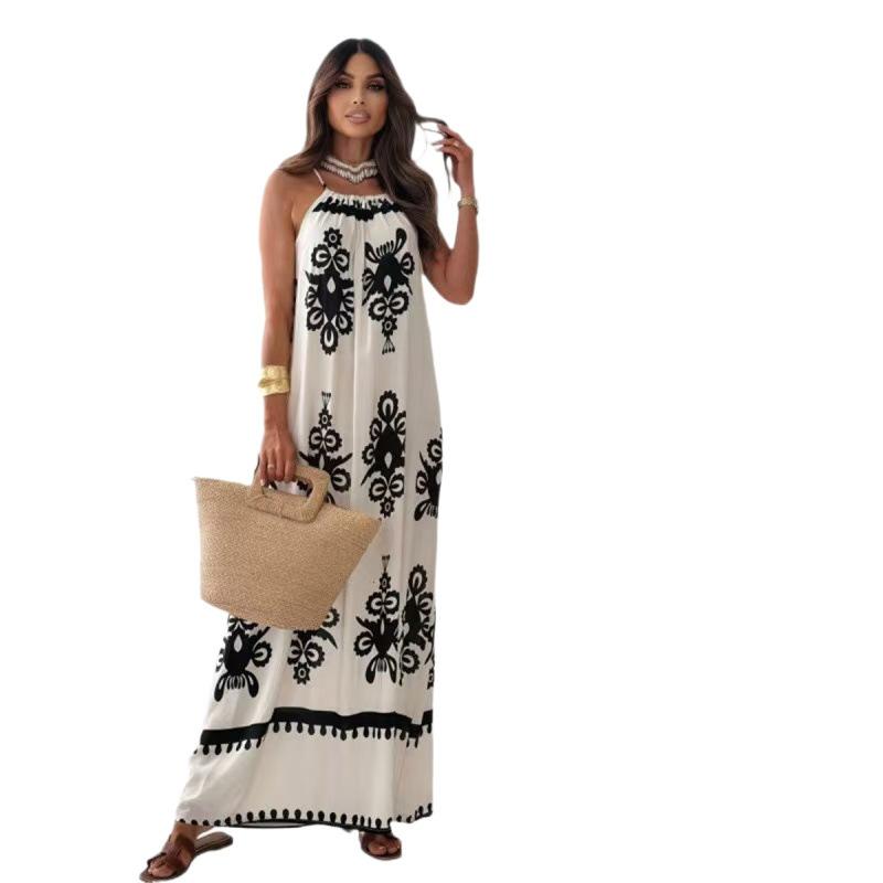2026 new bohemian print neck dress seaside vacation beach dress women's summer loose