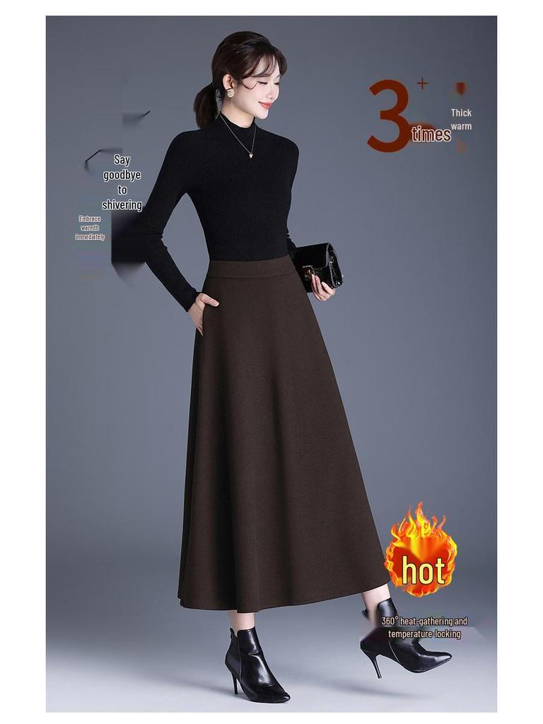 2025 Autumn/Winter Wool Cashmere High-Waisted A-Line Pocket Skirt, Mid-Length.