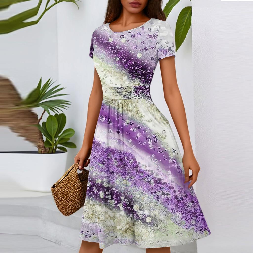 Women's Casual Fashion Round Neck Pleated Short Sleeve Floral Print A-Line Midi Dress