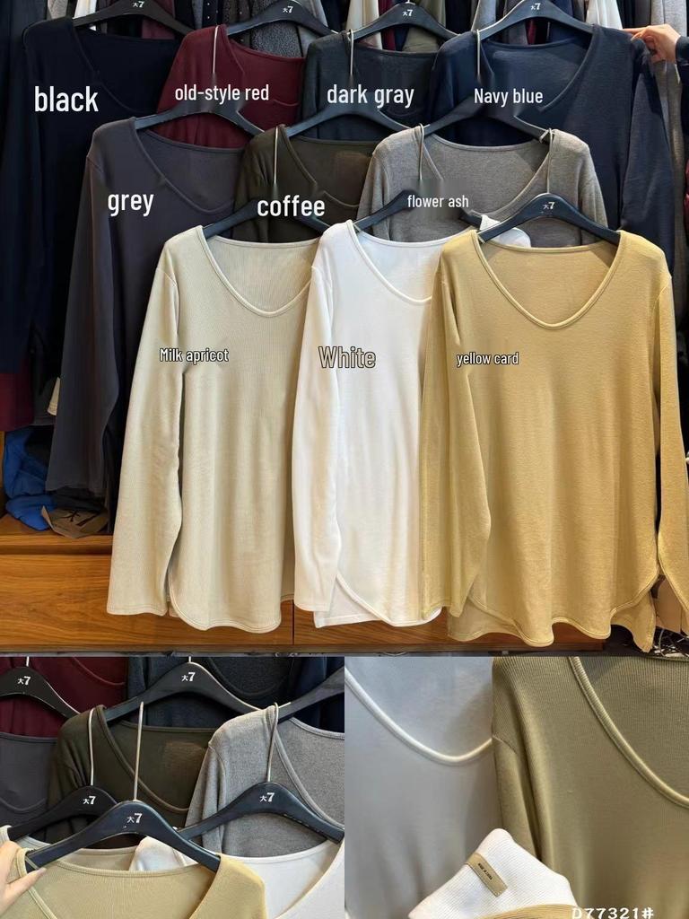 Women's Winter Loose Fit Plus Size V-Neck Ribbed T-Shirt - Korean Style