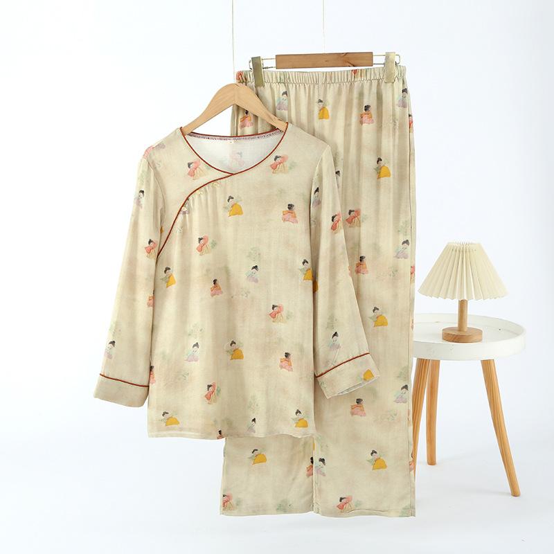 

Піжами в китайському стилі жіночі брюки з довгими рукавами весна/літо тонкий бамбук бавовна двошаровий марлевий комплект кімнатного одягу XL