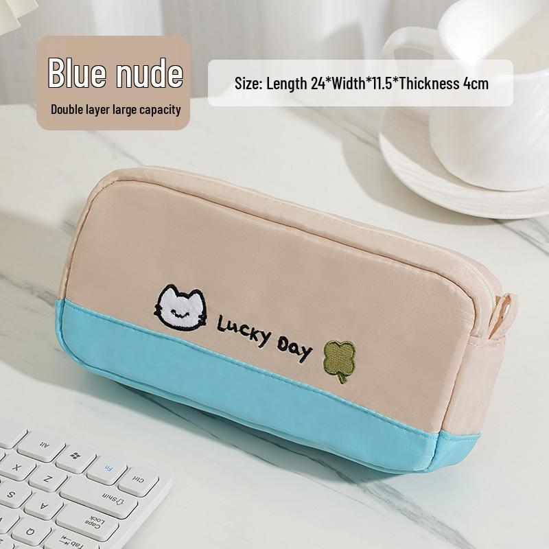 Large Capacity Color-Blocked Kitten & Clover Embroidery Pencil Case