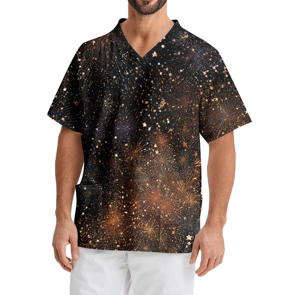 Men's Printing Short Sleeve V-neck Working Blouse Chest Pocket Carer Top