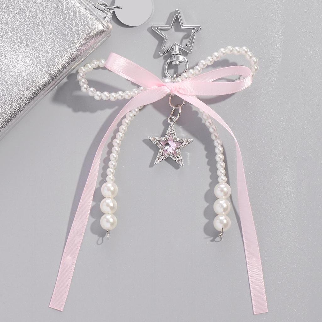 Versatile Multi-Color Webbing Faux Pearl Bow Rhinestone Star Keychain Charm