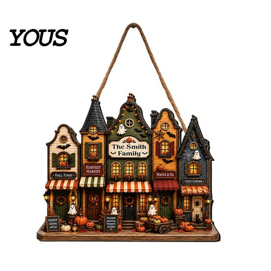 Autumnal Porch Decoration 2D Wooden Halloween Door Hanger Sign, Pumpkin Ghost Vintage Town Building Welcome Front Seasonal Wall Plaque with
