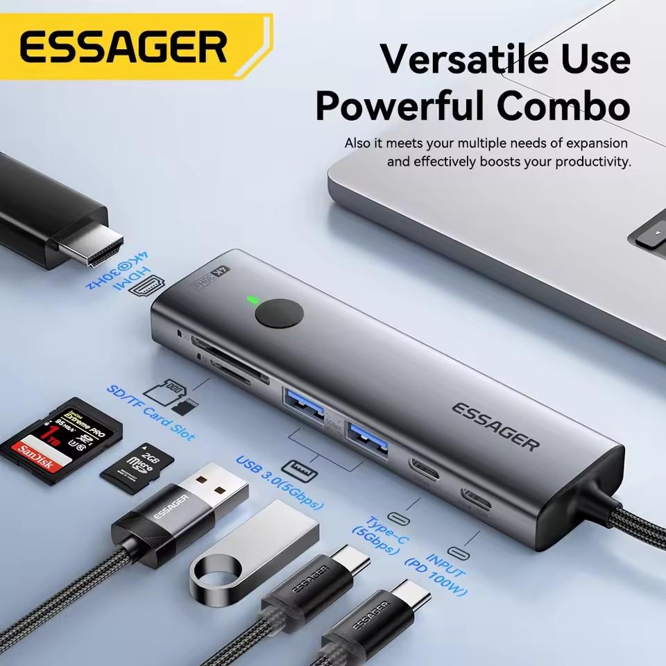 Essager 7 in 1 Typ C auf USB 3.0 Hub Erweiterungs-Dock-Adapter Typ C auf 4K@30Hz HDMI PD100W Lade-Dockingstation unterstützt SD/TF lesen