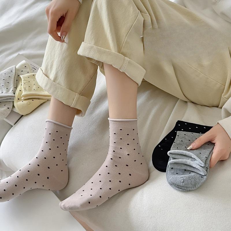 4 Pairs of Mid-calf Polka Dot Rolled Summer Cotton Socks, Sweat-absorbing, Odor-proof, Versatile and Simple Student Thigh-high Socks
