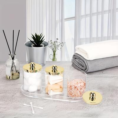 Porta cotton fioc Trasparente Set di barattoli per bagno con vassoio Organizzatore portaoggetti in acrilico Barattoli da farmacia in plastica Dispenser cotton fioc Contenitore con coperchio