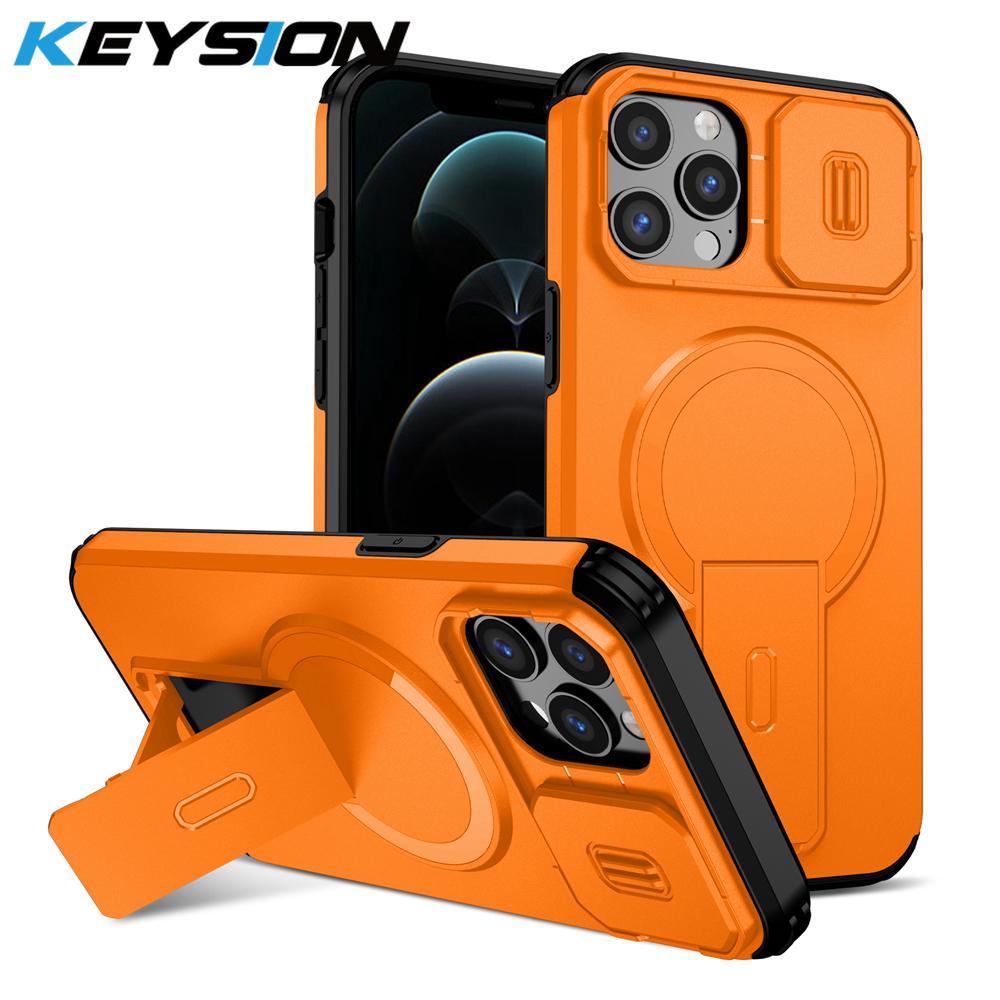 KEYSION Shockproof Magnetic Case for iPhone 11 12 Pro Max Slide Camera Lens Protect Kickstand Wireless Charging Phone Back Cover