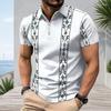 Men Plus Size Short Sleeve Quarter Zip Collared Polo Shirt White With Blue Floral Printed