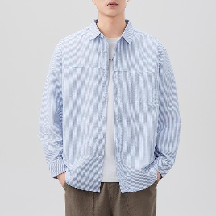 New Spring Japanese Retro Men's Striped Cotton Long-sleeved Shirt American Work Shirt
