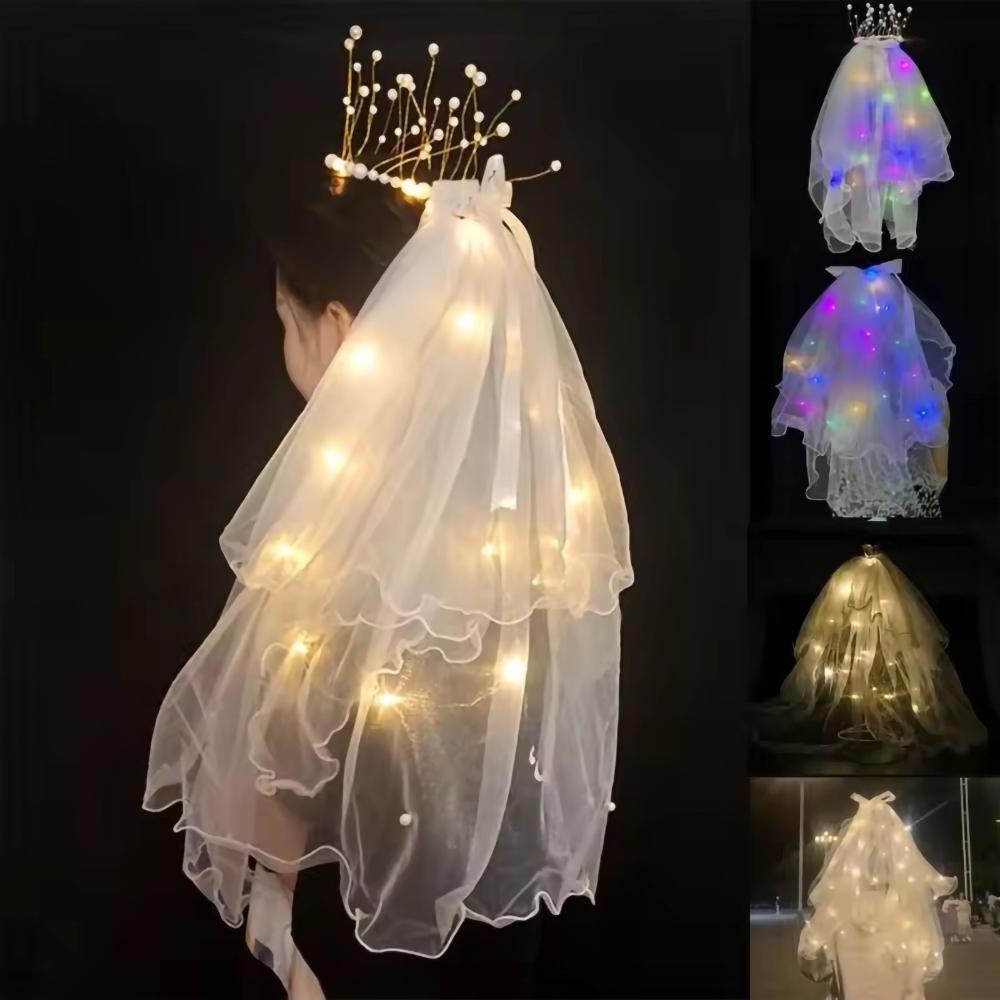 LED Light Bridal Wedding Veil with Pearls/Crowns Wedding Tiara Veil for Props Party Headpieces Decor Glowing flash veil