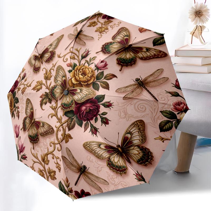 1pc Sturdy 8-Bone Auto Umbrella, Astral Dual Butterfly Umbrella, Digital Printed, Foldable Umbrella for On-the-Go Outdoor Use