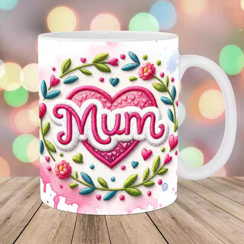

3D Embroidery Flower Embroidered Ceramic Coffee Mug Tea Cup Mom Mum Mother 301-400ml