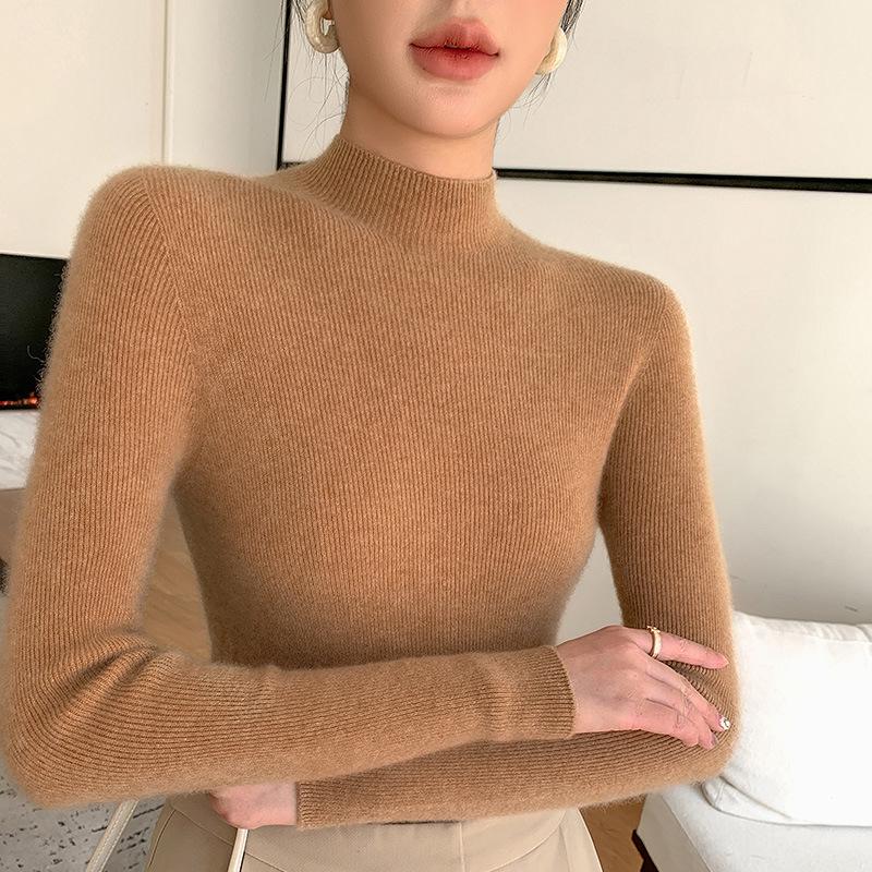 Women's Seamless Half-High Neck Knit Sweater: Versatile, Tight-Fitting Base Layer for Autumn and Winter
