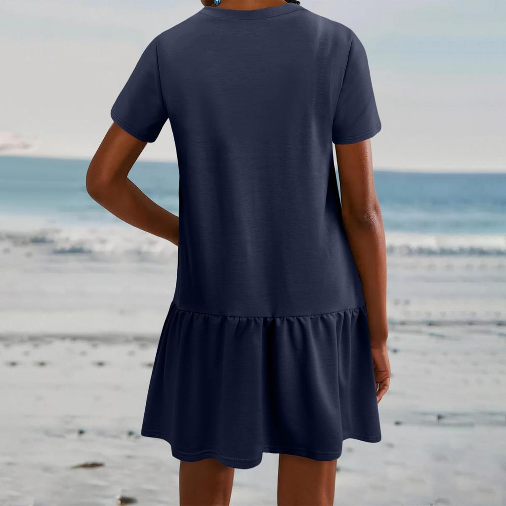 Women Short Sleeve V Neck Ruffle Hem Casual Loose Fit Mini Dress Soft Fabric Simple Style Summer Dress