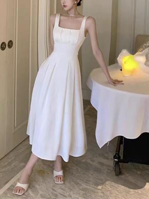 Elegant Dress Women Chic French Sexy Retro Hepburn Sweet Aesthetic Square Collar Pleat Waist Hugging Big Hemline Long Dresses