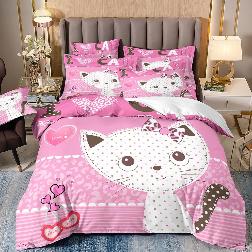 3D Digital Printing Children'S Cute Cat Bedding Quilt Cover Three-Piece Set