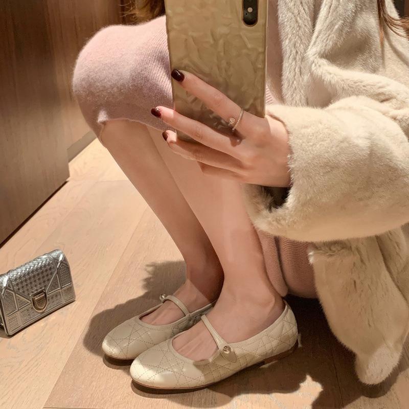 Shoes Soft Sheepskin Rhombus Pearl Buckle Flat Shoes Mary Jane Single Shoes Women