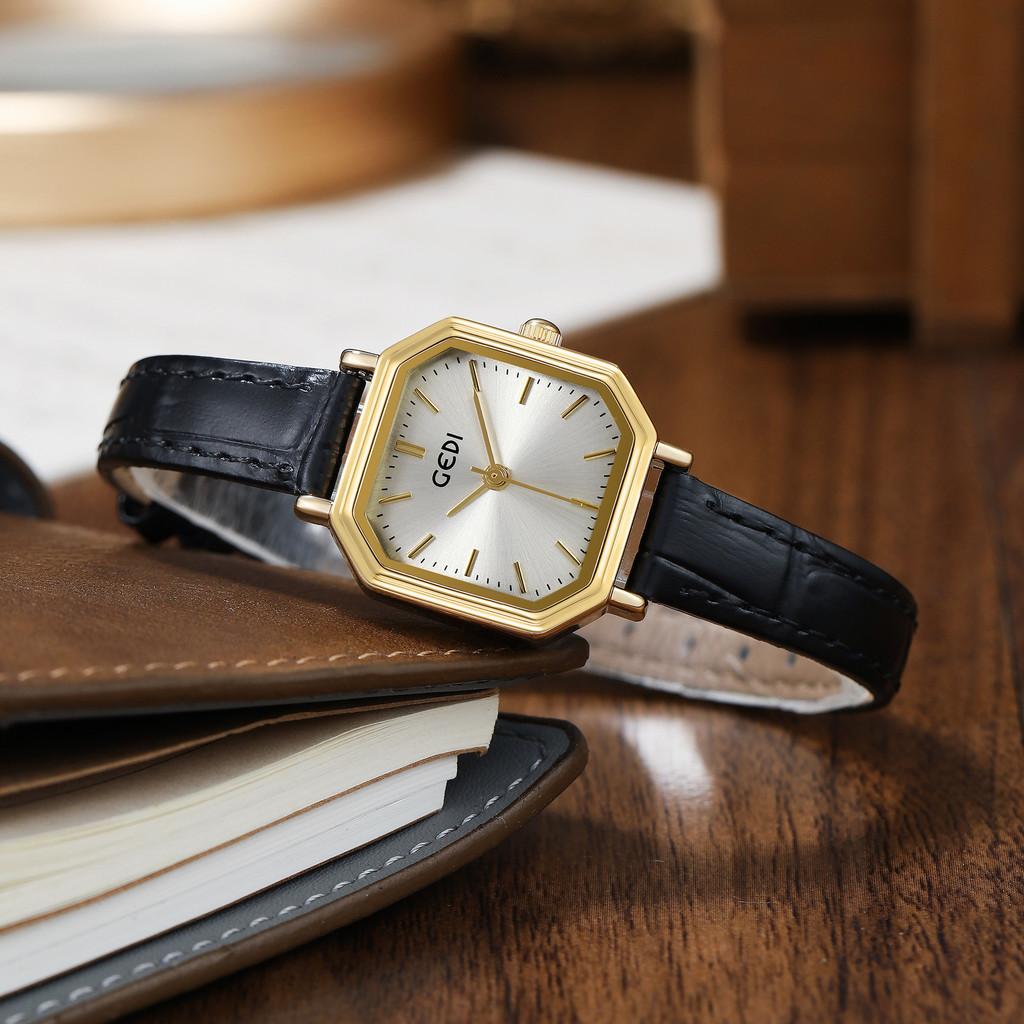Retro Geometric Small Square Watch With Waterproof Leather Strap For Women