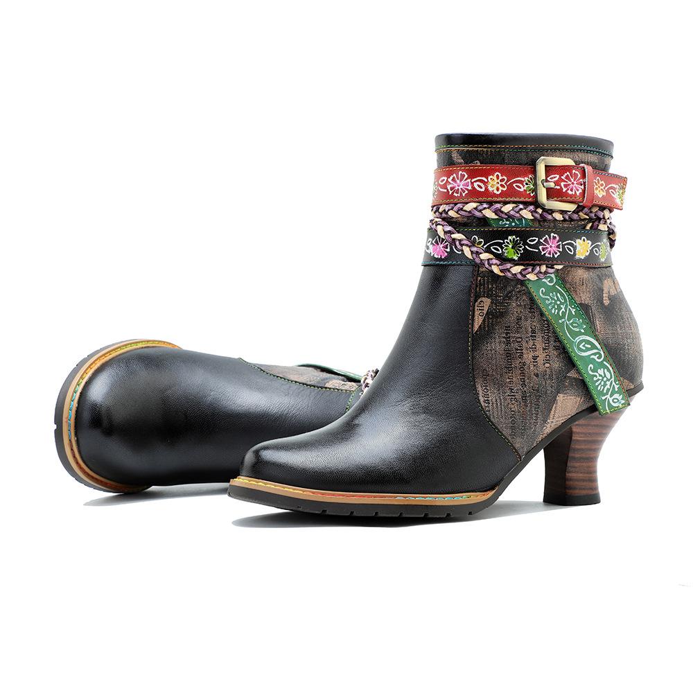 Johnature Echtes Leder frauen Kurze Stiefel Retro Woven Gürtel Schnalle Mode Dame High-heeled Schuhe