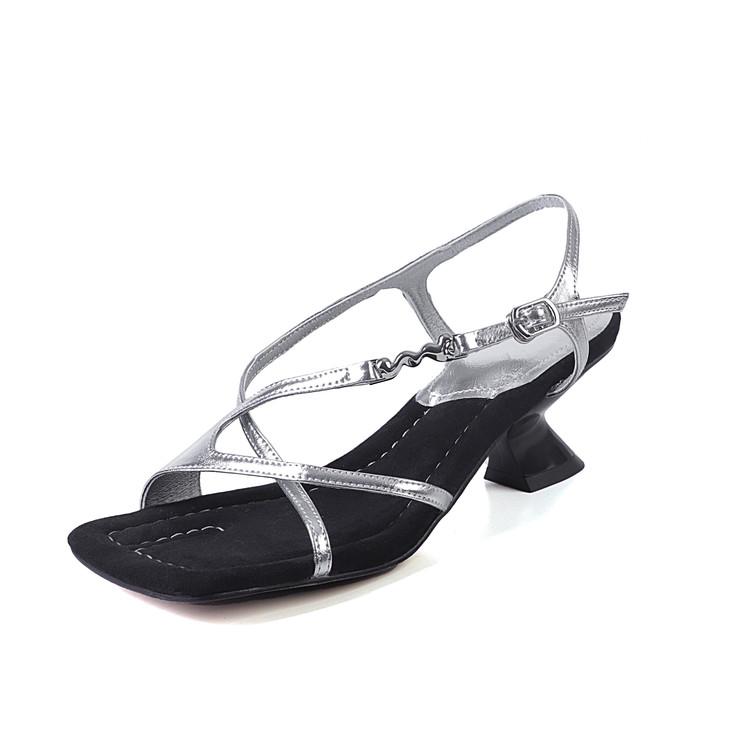 

Fashion NEW Summer Women Sandals Split Leather Shoes for Women Square Toe Kitten Heel Shoe Narrow Band Bcukle Strap Shoes Modern Sandals 39 серебряный