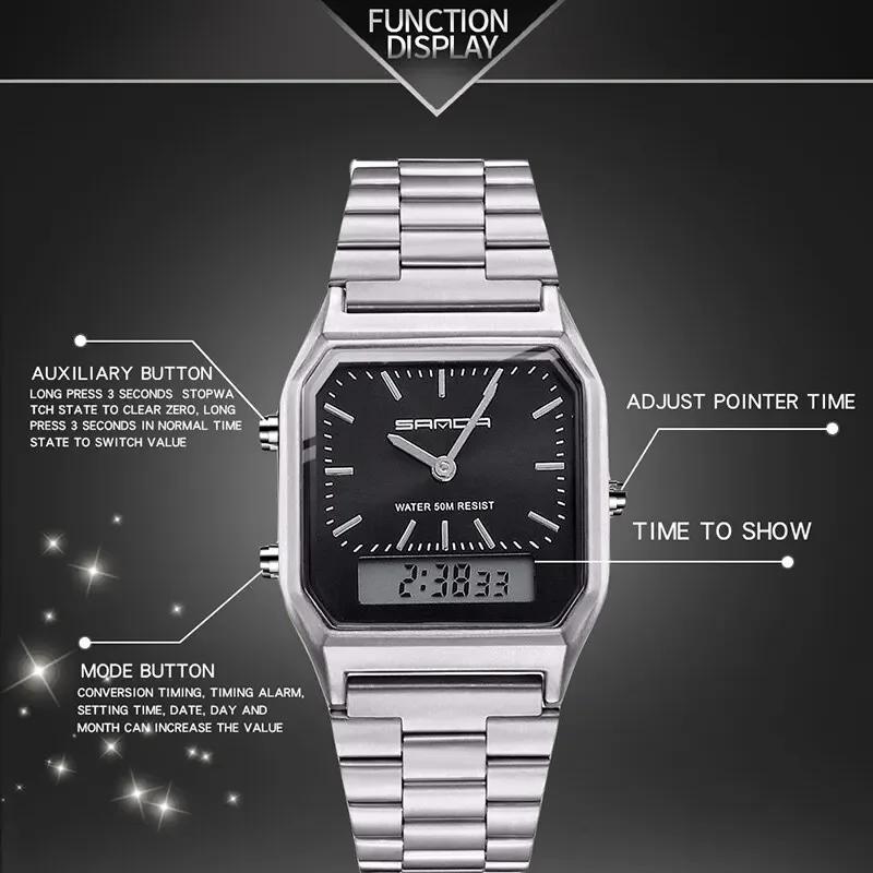 SANDA P747 Watch Luxury Mens Style Watches Stainless Steel Women LED Digital Dual Display Clock Unisex Waterproof Sports Quartz