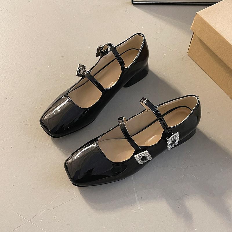 Patent Leather Crystal Women Mary Jane Shoes Fashion Shallow Buckle Strap Shoes Vintage Spring Autumn Stripper Party Shoes