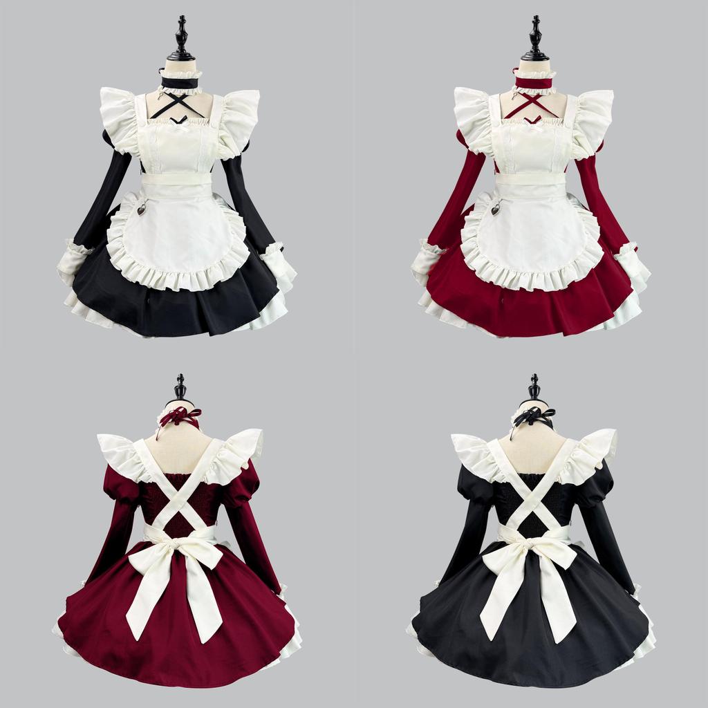 Japanese Anime Cosplay Maid Costume With Lace Ruffle Bubble Sleeves For Halloween And Conventions