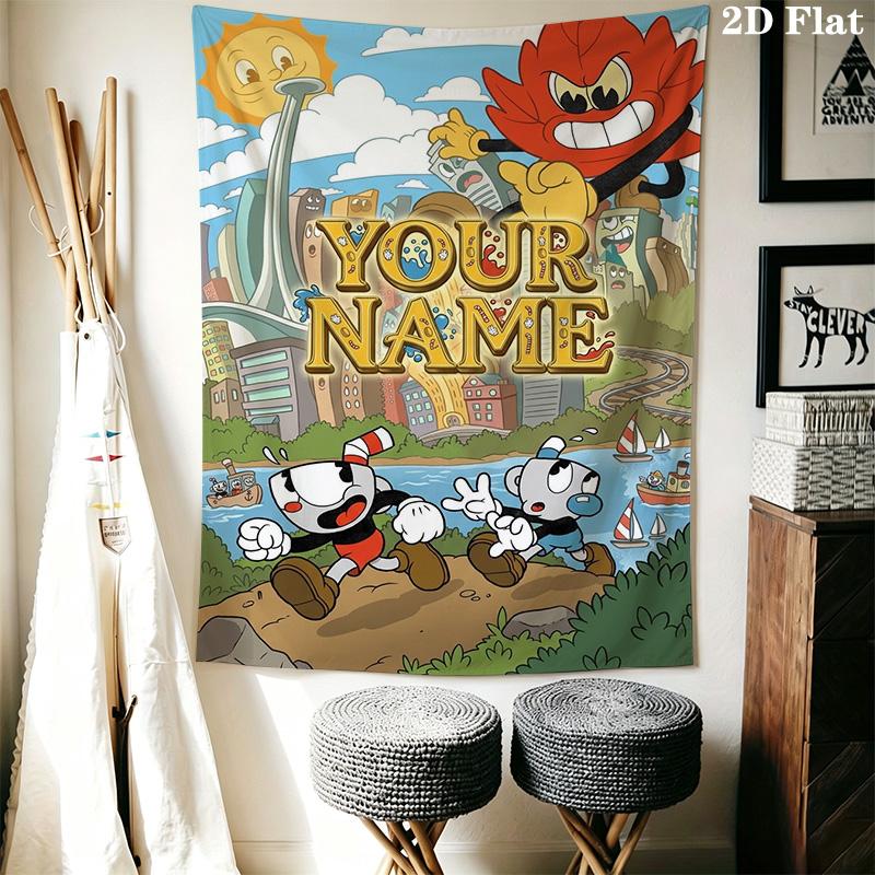 Name Custom Cuphead Game Wall Tapestry Aesthetic Wall Hanging Printed Fabric Blanket Decorative Tapestries for Bedroom Living Room Home Decor
