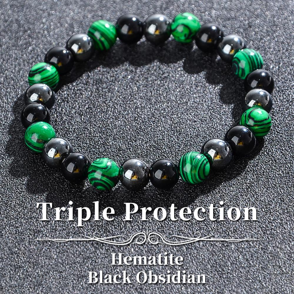 

Браслет Тройной Защиты, Браслет из бусин из голубого малахита и черного битуминозного обсидиана, Эластичный браслет ручной работы