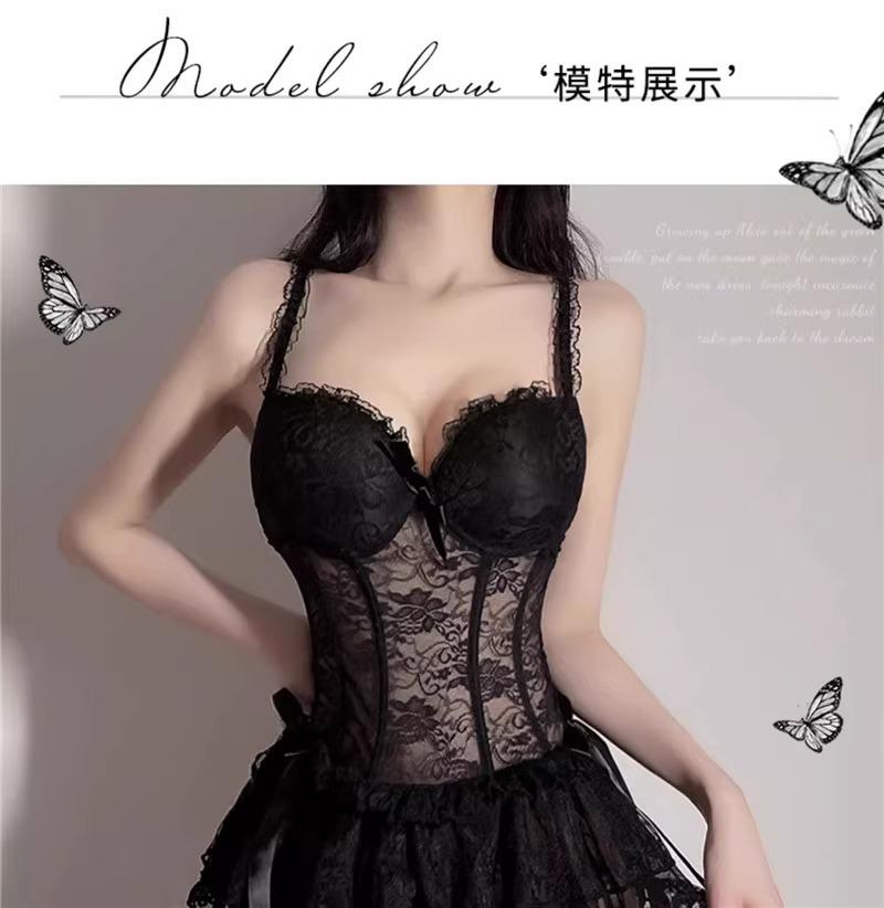 Seductive Lace Mesh See-Through Lingerie Bodysuit with Suspender Straps
