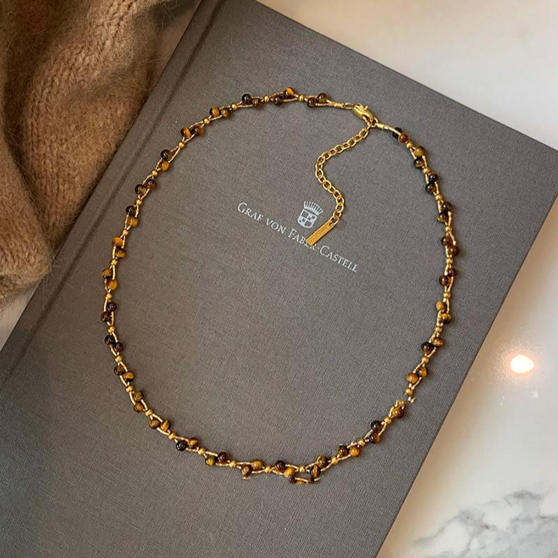 Gold-Plated Tiger Eye Beaded Necklace - Retro Y2K Clavicle Chain, High-End Versatile Jewelry
