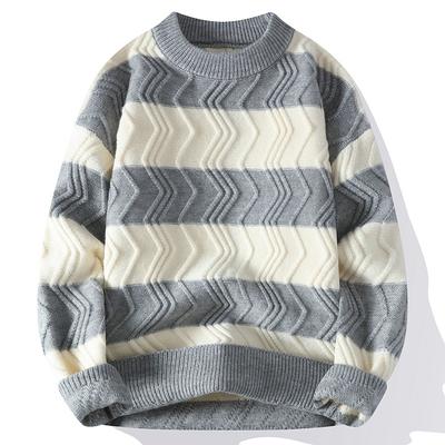 Striped Sweater Men's Autumn and Winter Hong Kong Style Loose Couple Outfit College Style Knitted Sweater Lazy Round Neck Thread