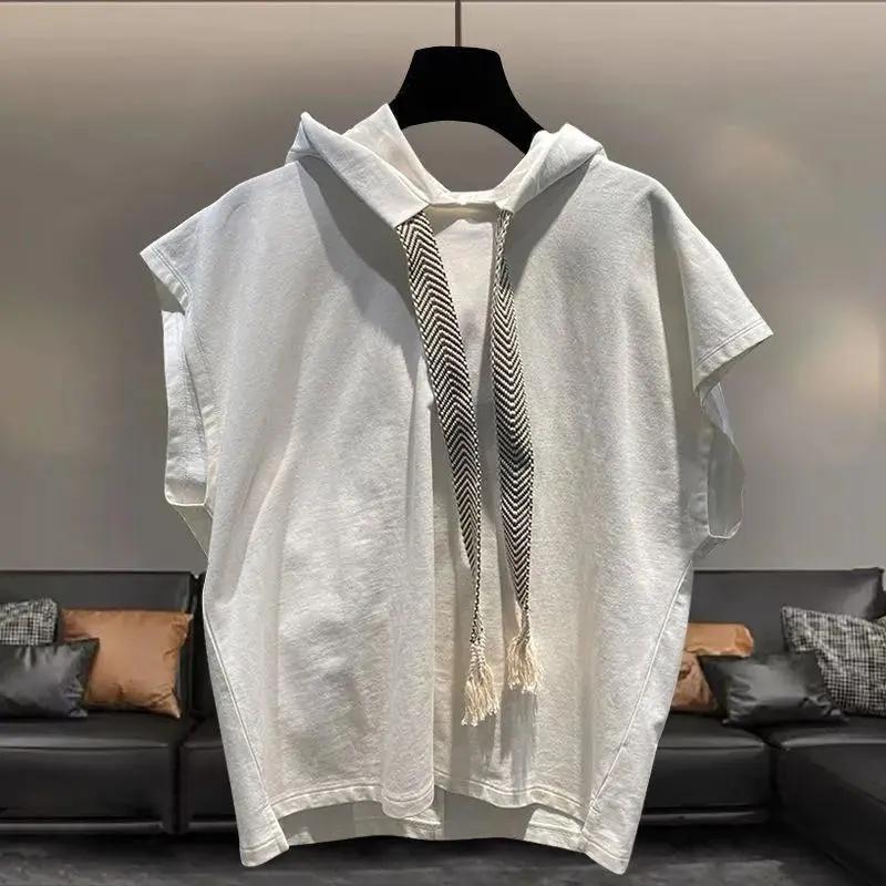 

Men s Summer Hooded Sleeveless T-shirt Solid Color Loose Vest Tops Street Casual Men Clothing 4XL білий
