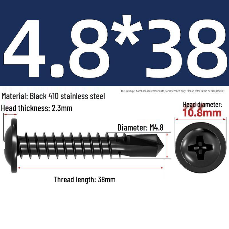 Black Phillips Flat Head Self-Tapping Screws with Washer, 410 Stainless Steel, 4.2M-4.8 Size.