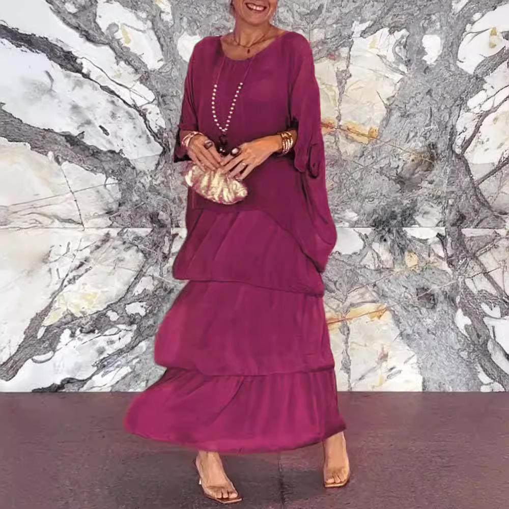 2024 Chiffon Mesh Bat Sleeve Round Neck Long Dress