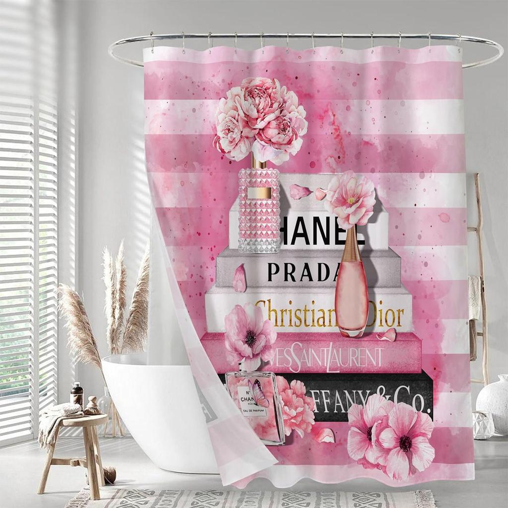 Fashion Luxury Girly Shower Curtain Pink Floral Shower Curtains Perfume Waterproof Polyester Fabric Shower Curtains for Bathroom Decor with 12 Hooks,