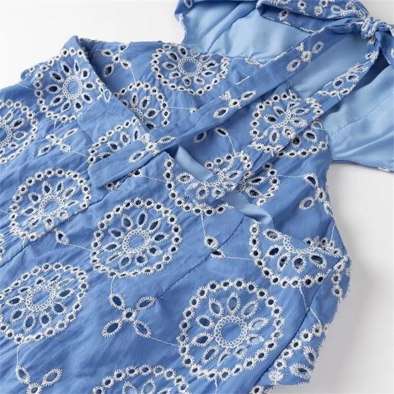 Summer New Women's European and American Style Heavy Industry Cotton Embroidery Stacked Decorative Blue Hollow Out Sexy Sweet Dress