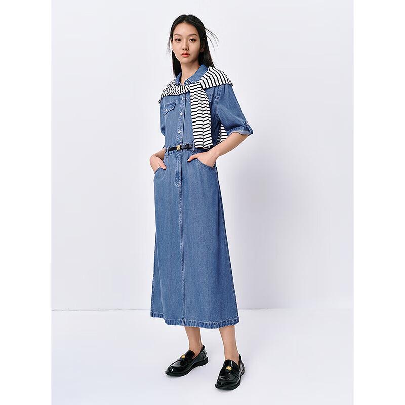

PEACEBIRD Women s Lapel Short Sleeve Denim Midi Dress S