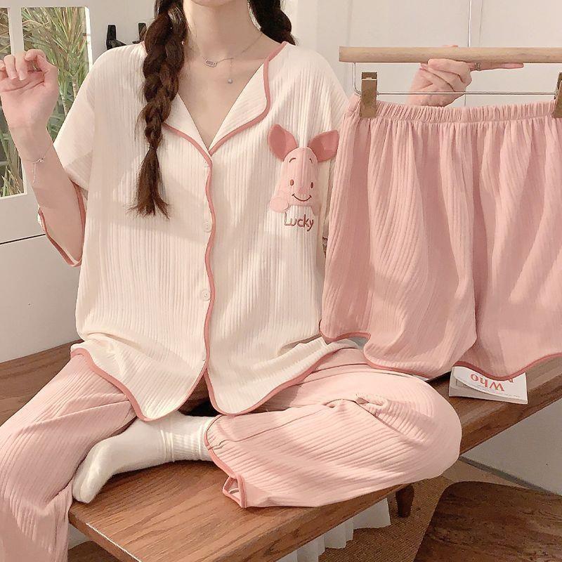 Ins Style Pajamas for Women In Summer Short-sleeved Cartoon Loose Summer Three-piece Set