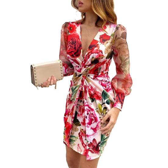 

Женское платье V-образный вырез Все сочетается Полиэстер Сексуальное плиссированное короткое облегающее платье