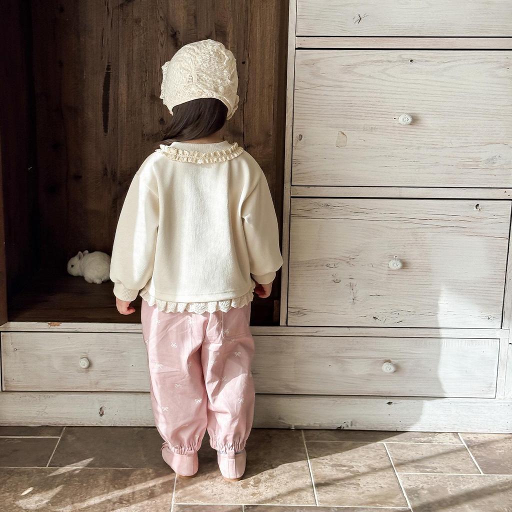 Korean Girls' Spring 2026 Cartoon Hoodie & Pants Two-Piece Set