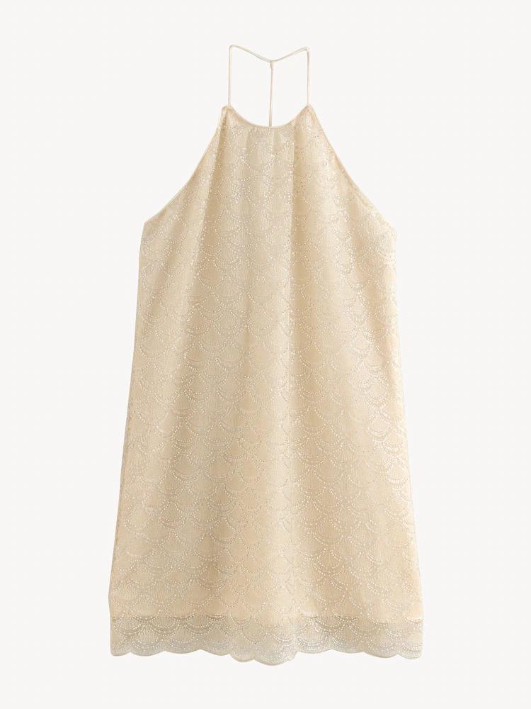 2025 Ретро Мода Платье-мини с открытой спиной, кружевной пэчворк, женское Large бежевый