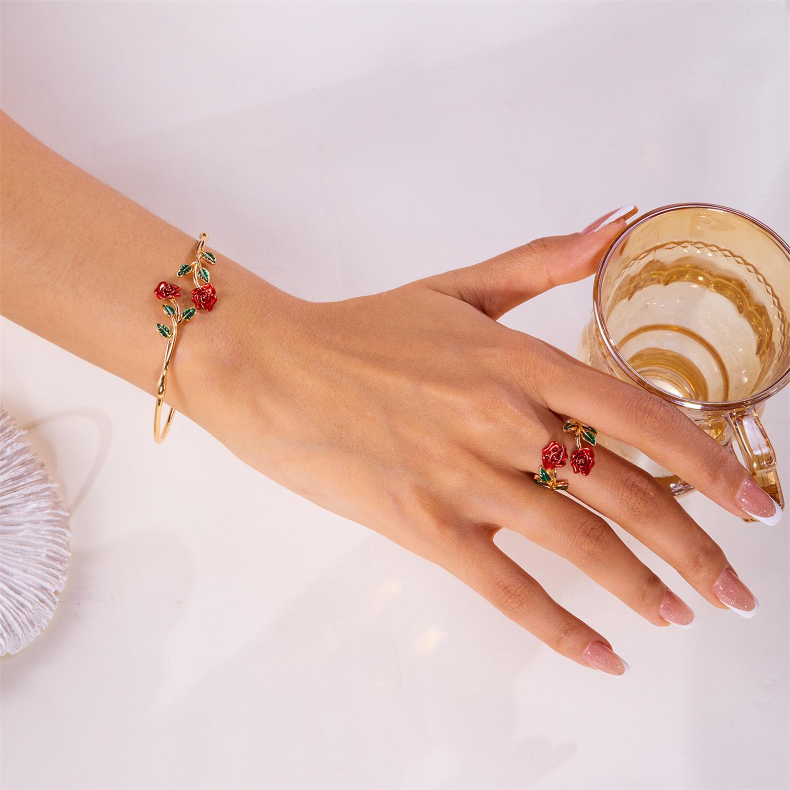 

2 Pieces Red Rose Jewelry Set Delicate Rose Bracelet Women Vintage Flower Ring Sexy Gold Plated Choker Red Accessories Fashion Jewelry one size золотой