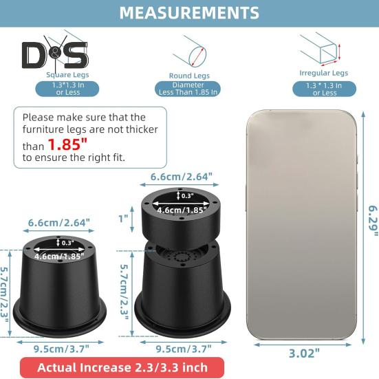 4Pcs Adjustable Round Bed Risers Circle Furniture Risers 3300 Lbs Capacity Non-Slip Design Chair Table Desk Legs Lifting Risers