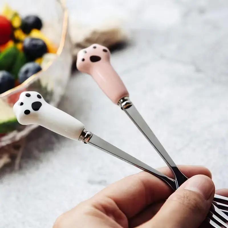 1PCS Cat's Paw Fruit Fork Stainless Steel Dessert Fork Colorful Tea Forks Small Fork Snack Dinnerware Party Home Dinnerware Set