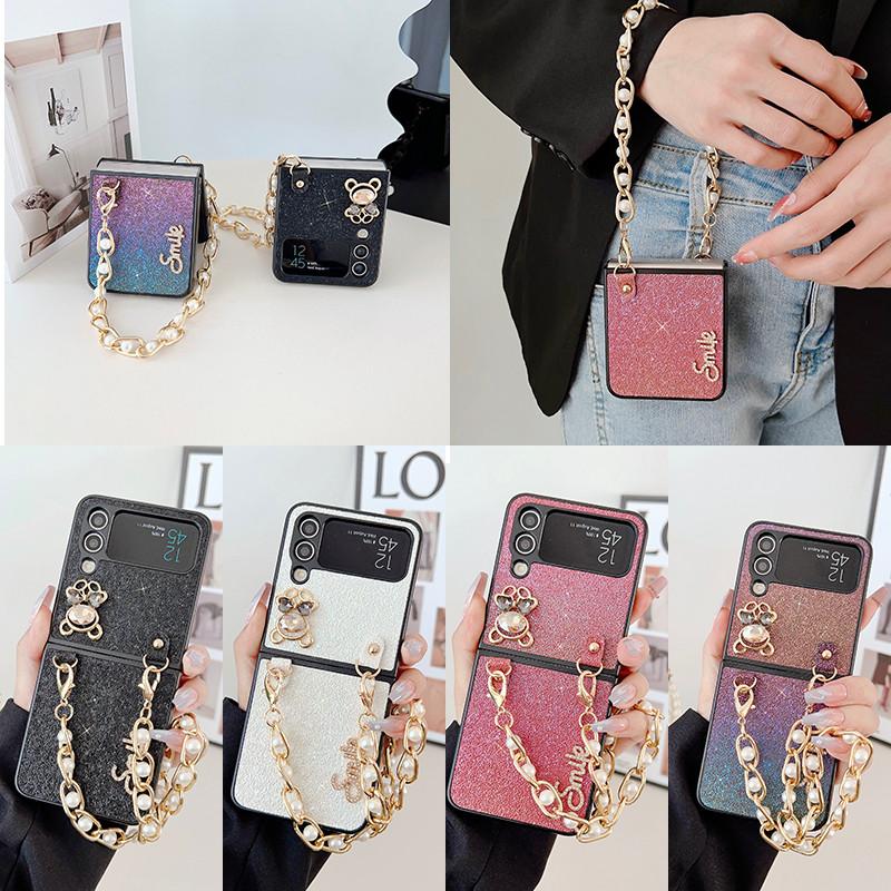 Luxury Cute Bear Glitter Pearl Short Chain Case for Samsung Galaxy Z Flip 4 Case 5G for Galaxy Z Flip3 Shockproof Cover