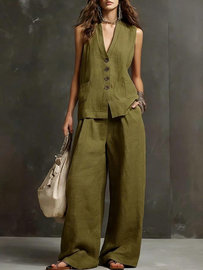 Women Sleeveless V Neck Button Up Vest And Wide Leg Pants Set Casual Loose Fit Linen Blend Two Piece Outfit